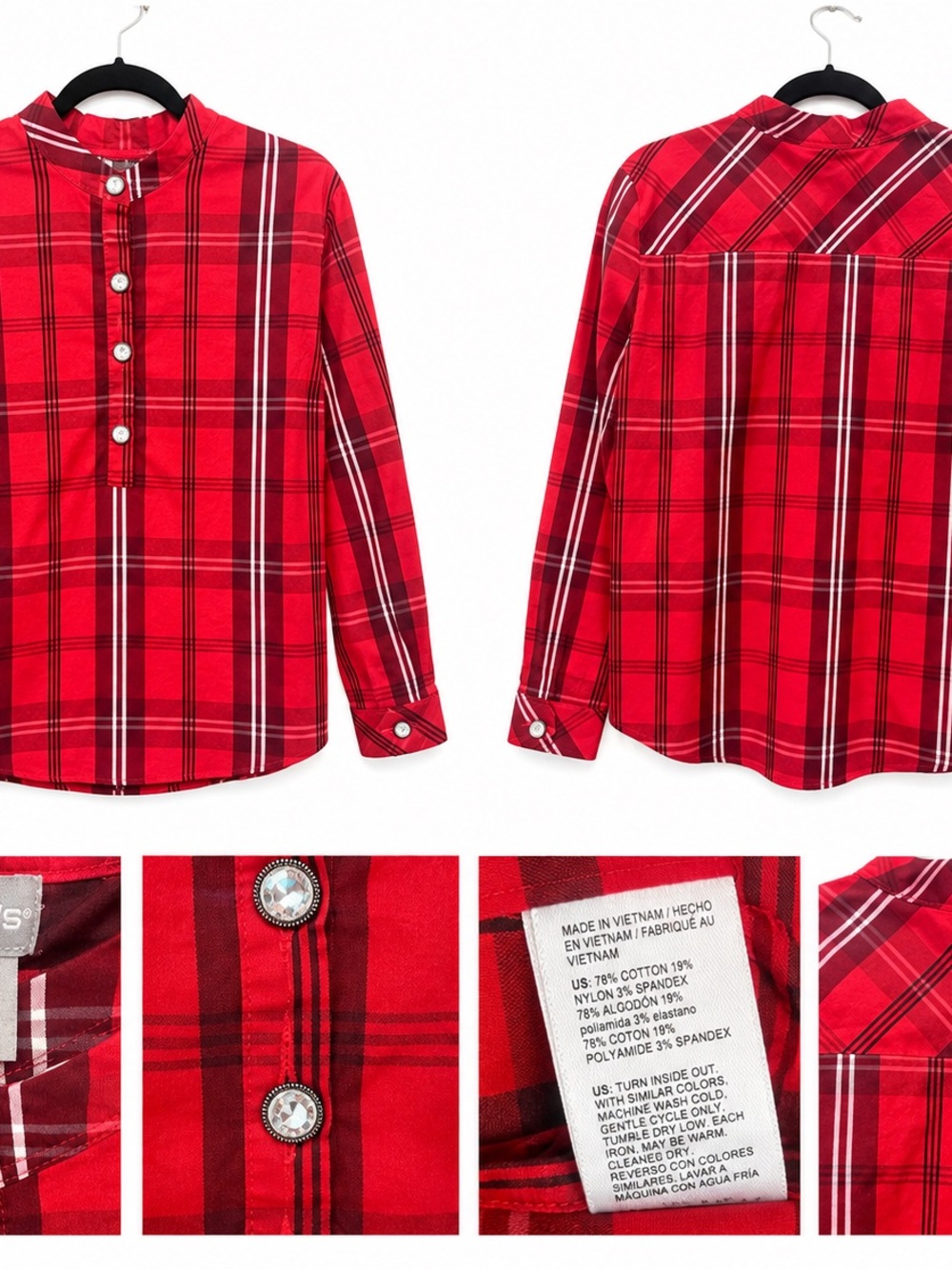 Chico’s Red Plaid Rhinestone Button Henley Blouse Size 3